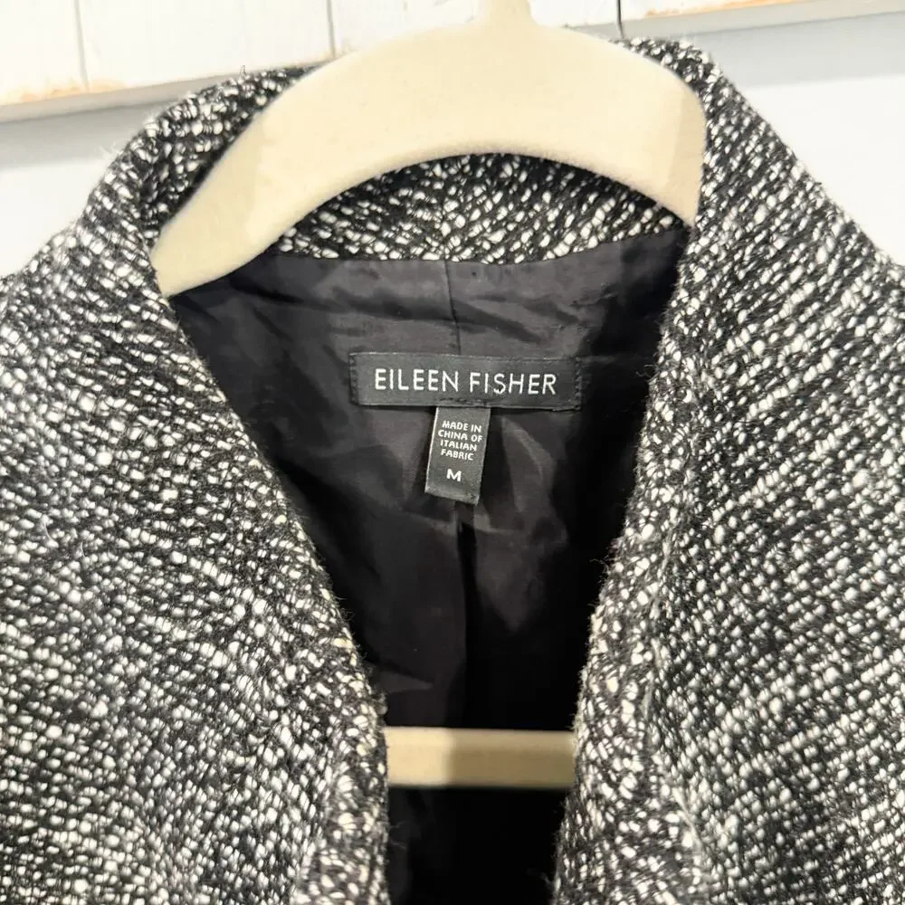 Eileen Fisher Tweed Collarless Jacket Linen Blend Leather Trim M EUC
